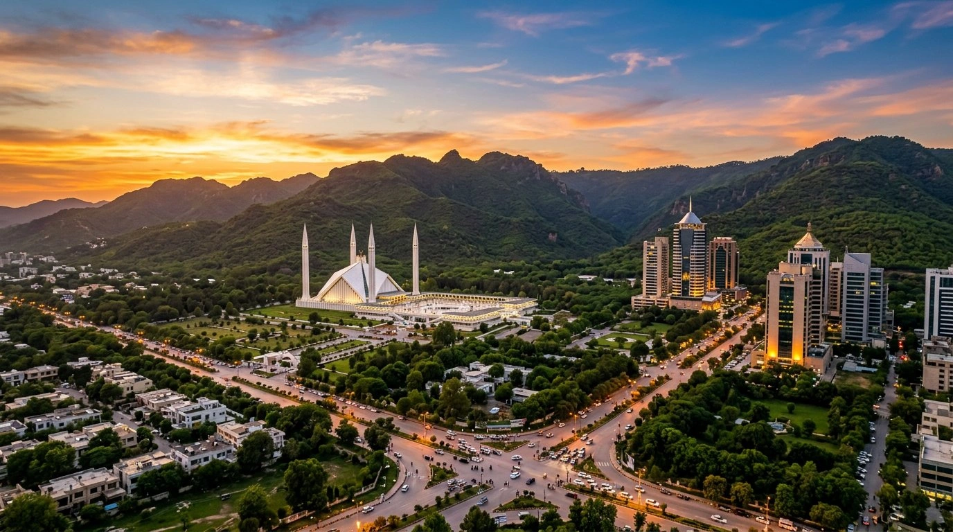 Faisal Mosque and Islamabad skyline at sunset