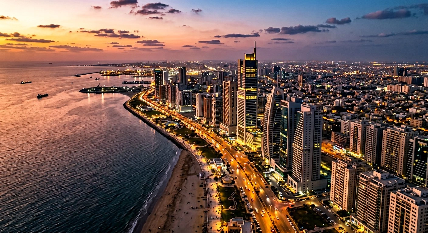 Karachi skyline at sunset with high-rise buildings